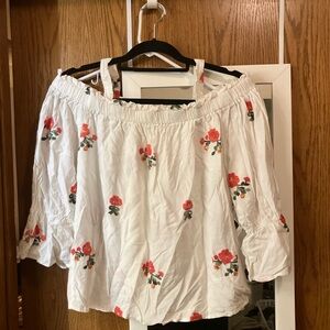 Floral White Women's cold shoulder Top w orange flowers